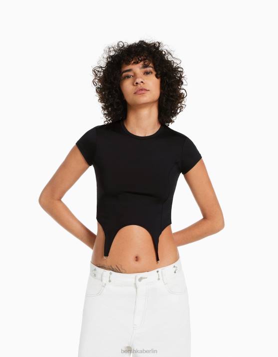 Schwarz Bershka Frauen Kurzarm-T-Shirt mit Details H00J511