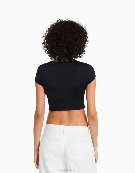 Schwarz Bershka Frauen Kurzarm-T-Shirt mit Details H00J511