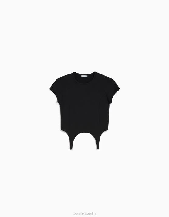 Schwarz Bershka Frauen Kurzarm-T-Shirt mit Details H00J511