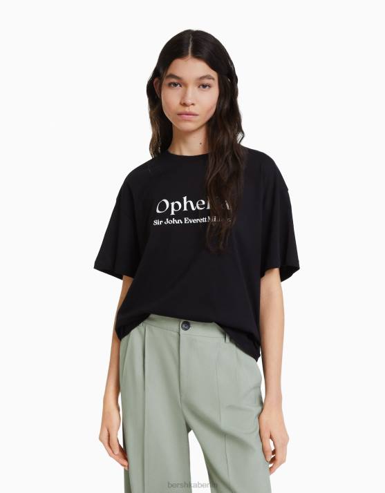 Schwarz Bershka Frauen Kurzarm-T-Shirt mit Kunstserie-Print H00J446