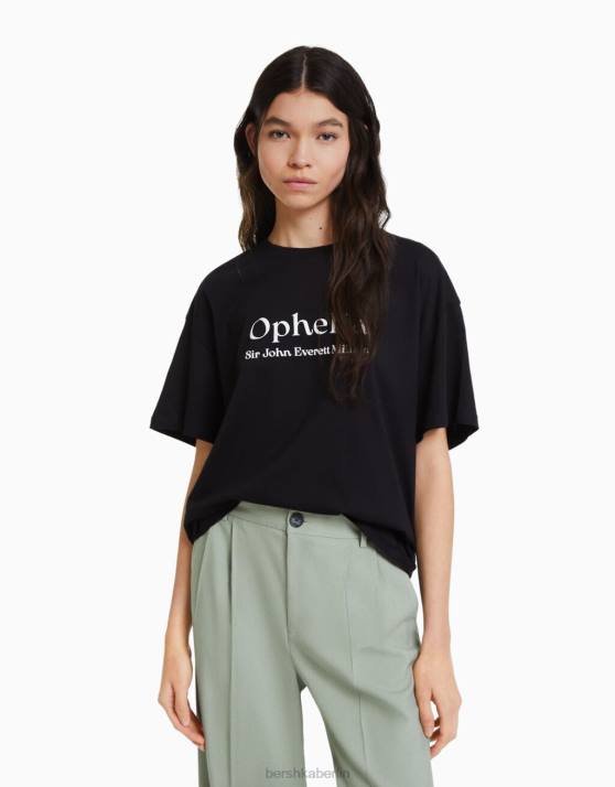 Schwarz Bershka Frauen Kurzarm-T-Shirt mit Kunstserie-Print H00J447