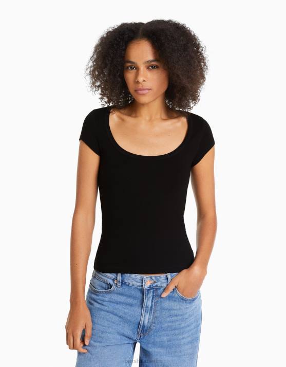 Schwarz Bershka Frauen Kurzarm-T-Shirt mit U-Ausschnitt H00J569