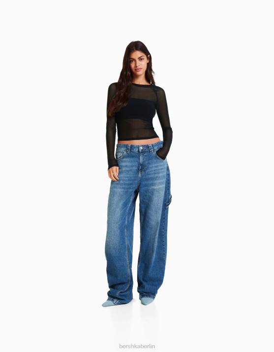 Schwarz Bershka Frauen Langärmliges T-Shirt im Raglanärmel-Stil aus Tüll H00J428