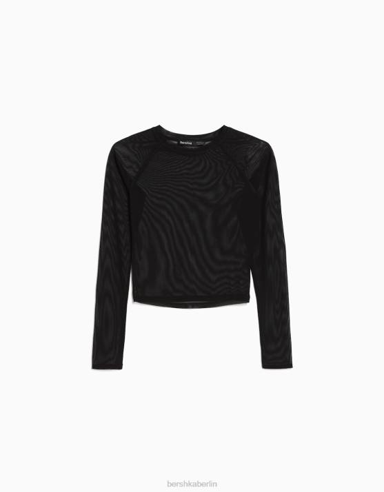 Schwarz Bershka Frauen Langärmliges T-Shirt im Raglanärmel-Stil aus Tüll H00J428