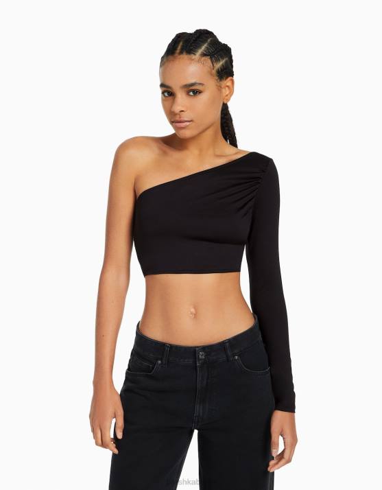 Schwarz Bershka Frauen Langärmliges, asymmetrisches T-Shirt H00J382