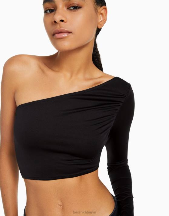 Schwarz Bershka Frauen Langärmliges, asymmetrisches T-Shirt H00J385