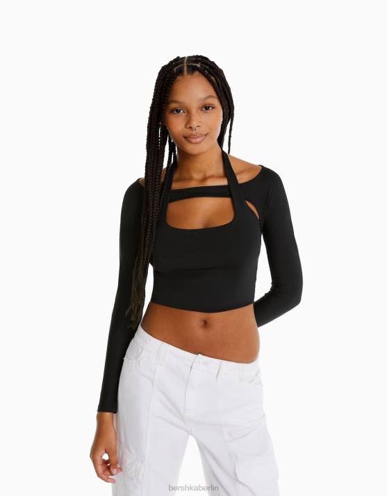 Schwarz Bershka Frauen Langarm-T-Shirt mit Kragendetail H00J537