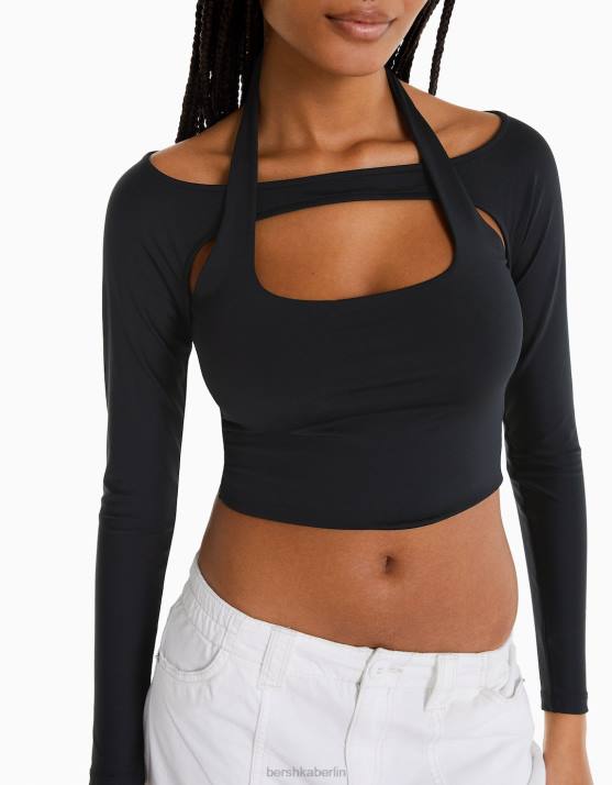 Schwarz Bershka Frauen Langarm-T-Shirt mit Kragendetail H00J537