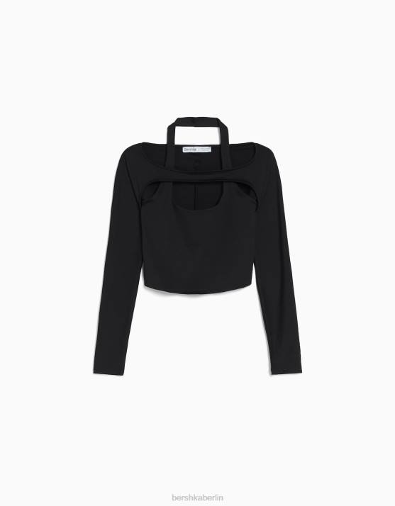Schwarz Bershka Frauen Langarm-T-Shirt mit Kragendetail H00J537