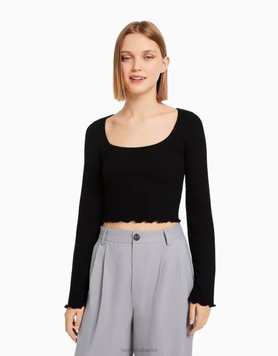 Schwarz Bershka Frauen Langarm-T-Shirt mit Rundhalsausschnitt H00J578