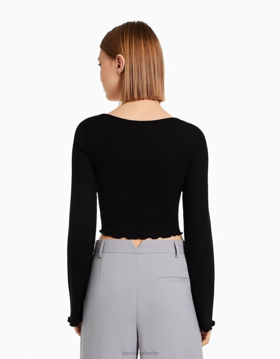 Schwarz Bershka Frauen Langarm-T-Shirt mit Rundhalsausschnitt H00J578