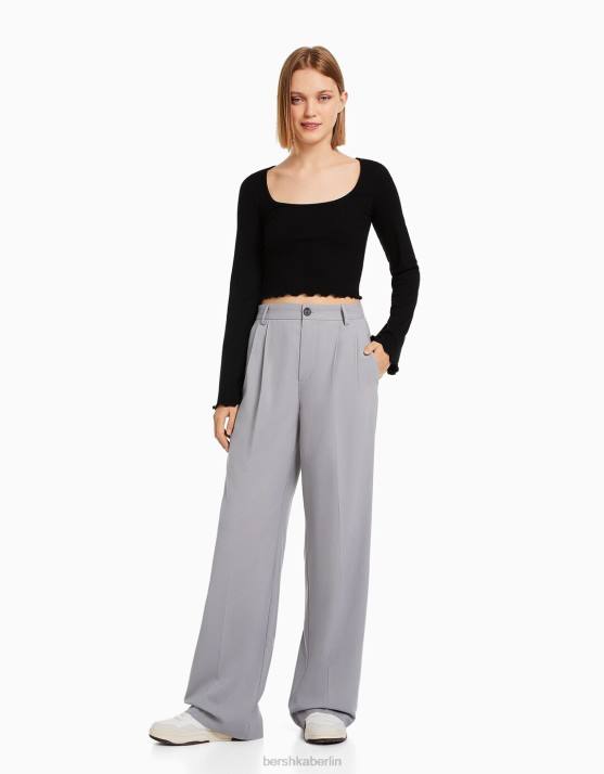 Schwarz Bershka Frauen Langarm-T-Shirt mit Rundhalsausschnitt H00J578