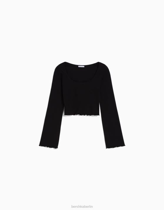 Schwarz Bershka Frauen Langarm-T-Shirt mit Rundhalsausschnitt H00J578