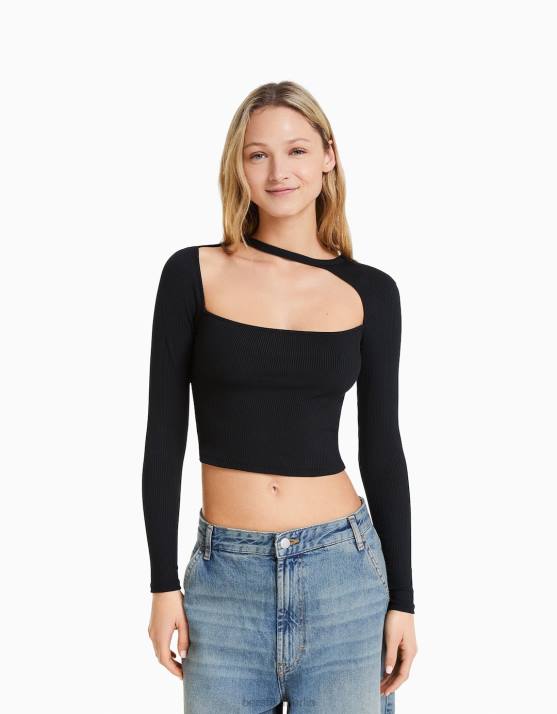 Schwarz Bershka Frauen Langarm-T-Shirt mit asymmetrischem Ausschnitt H00J474