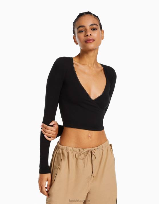 Schwarz Bershka Frauen Langarm-T-Shirt mit gekreuzten Ärmeln H00J571