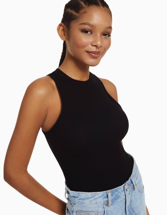 Schwarz Bershka Frauen Muskelshirt H00J394