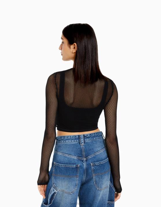 Schwarz Bershka Frauen Nahtloses Langarm-Mesh-T-Shirt H00J527