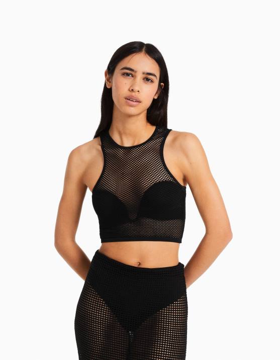 Schwarz Bershka Frauen Nahtloses, ärmelloses Mesh-T-Shirt H00J357