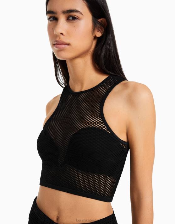 Schwarz Bershka Frauen Nahtloses, ärmelloses Mesh-T-Shirt H00J357