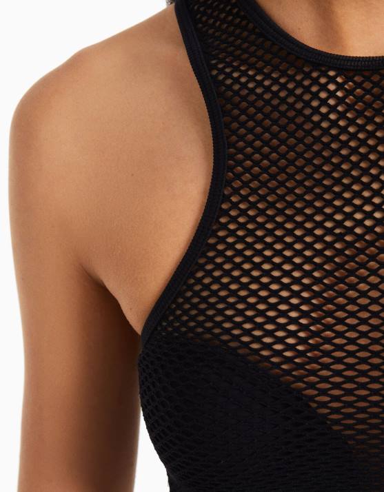 Schwarz Bershka Frauen Nahtloses, ärmelloses Mesh-T-Shirt H00J357