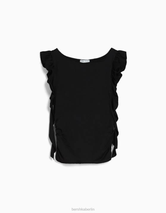Schwarz Bershka Frauen T-Shirt mit kurzen Ärmeln und Rüschen H00J299