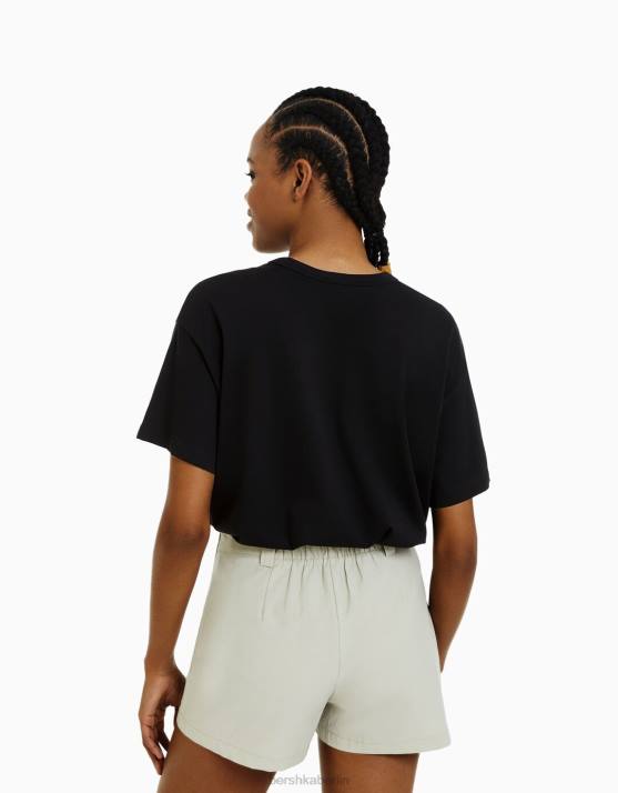 Schwarz Bershka Frauen übergroßes Kurzarm-T-Shirt H00J324