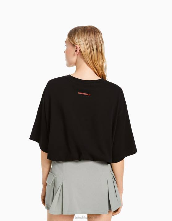 Schwarz Bershka Frauen der berüchtigte B.I.G. Bedrucktes, kastenförmiges, kurzärmliges T-Shirt H00J546