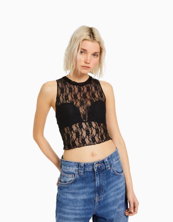 Schwarz Bershka Frauen ärmelloses Spitzenhemd H00J397