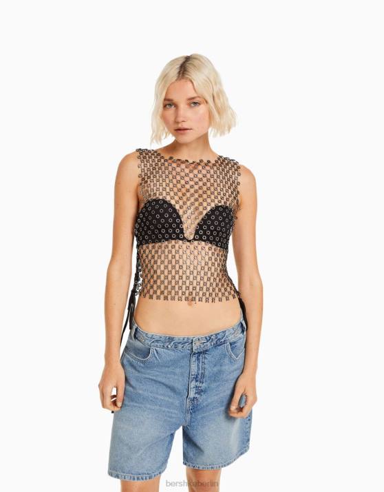 Schwarz Bershka Frauen ärmelloses T-Shirt mit Strasssteinen H00J1861