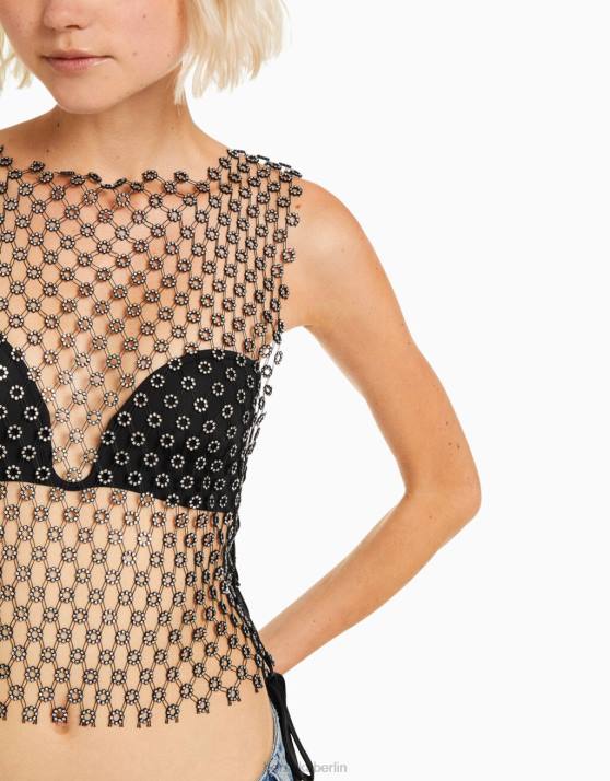 Schwarz Bershka Frauen ärmelloses T-Shirt mit Strasssteinen H00J1861