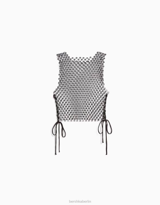 Schwarz Bershka Frauen ärmelloses T-Shirt mit Strasssteinen H00J1861