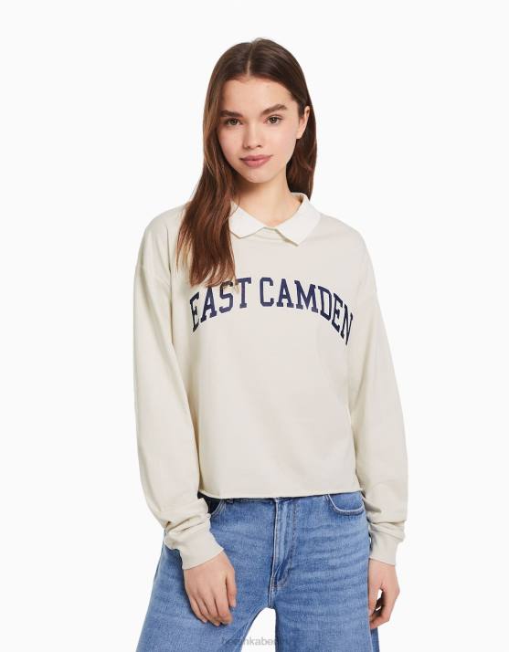 Stein Bershka Frauen Bedrucktes Langarm-T-Shirt mit Polokragen H00J620