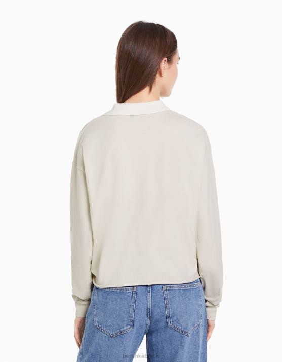 Stein Bershka Frauen Bedrucktes Langarm-T-Shirt mit Polokragen H00J620