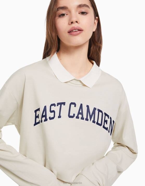 Stein Bershka Frauen Bedrucktes Langarm-T-Shirt mit Polokragen H00J620