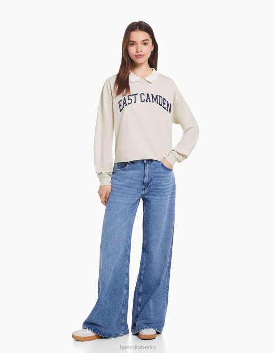 Stein Bershka Frauen Bedrucktes Langarm-T-Shirt mit Polokragen H00J620