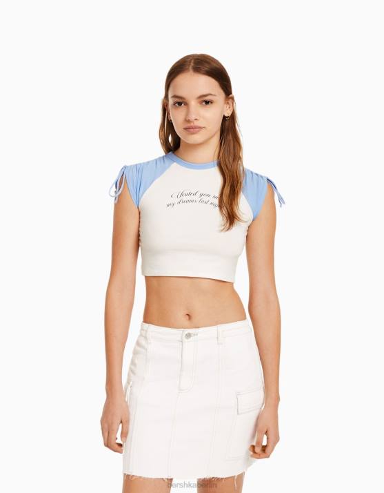 Weiss Bershka Frauen Bedrucktes Kurzarm-T-Shirt mit Raffung H00J625