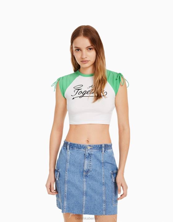 Weiss Bershka Frauen Bedrucktes Kurzarm-T-Shirt mit Raffung H00J626