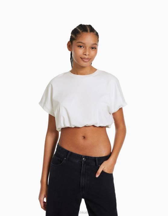 Weiss Bershka Frauen Gerafftes Kurzarm-T-Shirt mit Gummizug H00J380