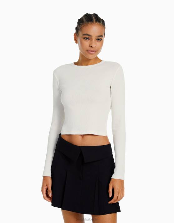 Weiss Bershka Frauen Geripptes Langarm-T-Shirt H00J436