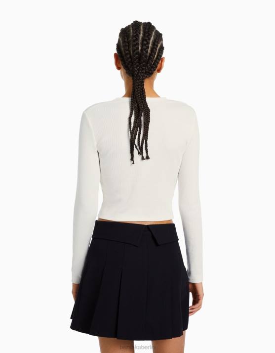 Weiss Bershka Frauen Geripptes Langarm-T-Shirt H00J436