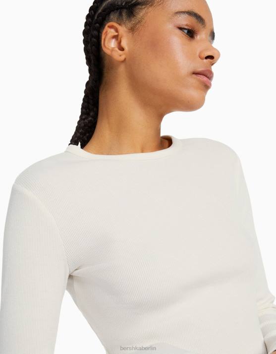 Weiss Bershka Frauen Geripptes Langarm-T-Shirt H00J436
