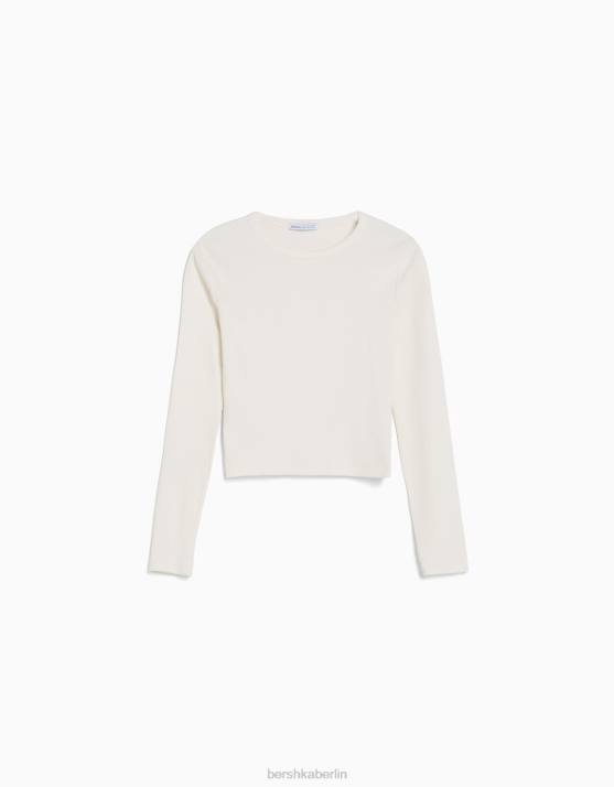 Weiss Bershka Frauen Geripptes Langarm-T-Shirt H00J436