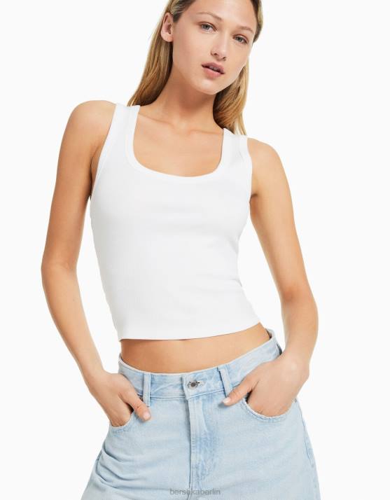 Weiss Bershka Frauen Geripptes Tanktop H00J310