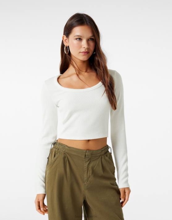 Weiss Bershka Frauen Geripptes, strukturiertes Langarm-T-Shirt H00J590