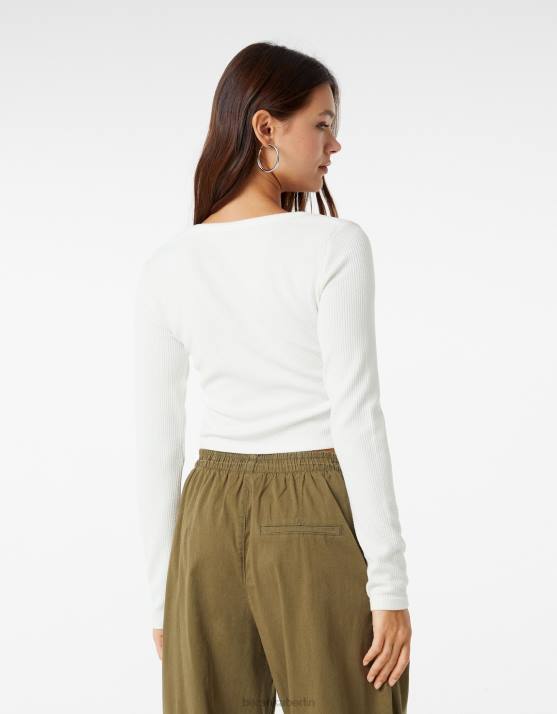 Weiss Bershka Frauen Geripptes, strukturiertes Langarm-T-Shirt H00J590