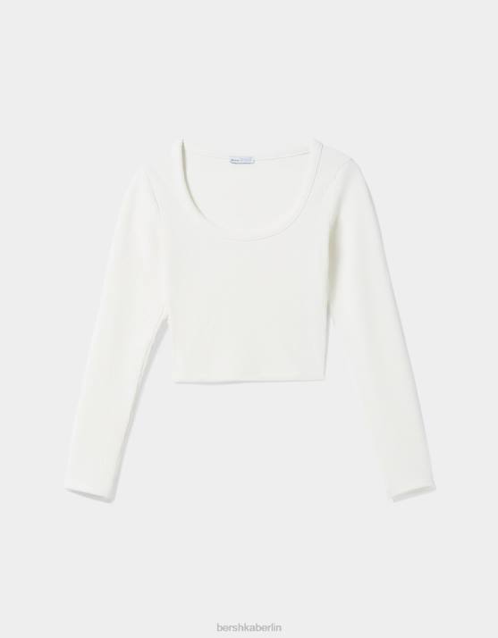 Weiss Bershka Frauen Geripptes, strukturiertes Langarm-T-Shirt H00J590