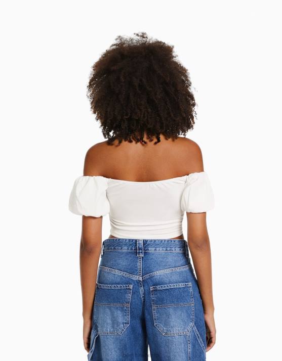 Weiss Bershka Frauen Kurzärmliges Oberteil aus Baumwollpopeline H00J378