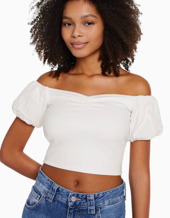 Weiss Bershka Frauen Kurzärmliges Oberteil aus Baumwollpopeline H00J378