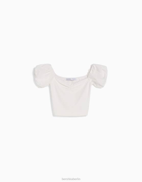 Weiss Bershka Frauen Kurzärmliges Oberteil aus Baumwollpopeline H00J378