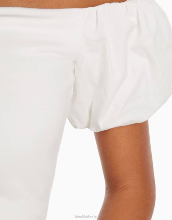 Weiss Bershka Frauen Kurzärmliges Oberteil aus Baumwollpopeline H00J378